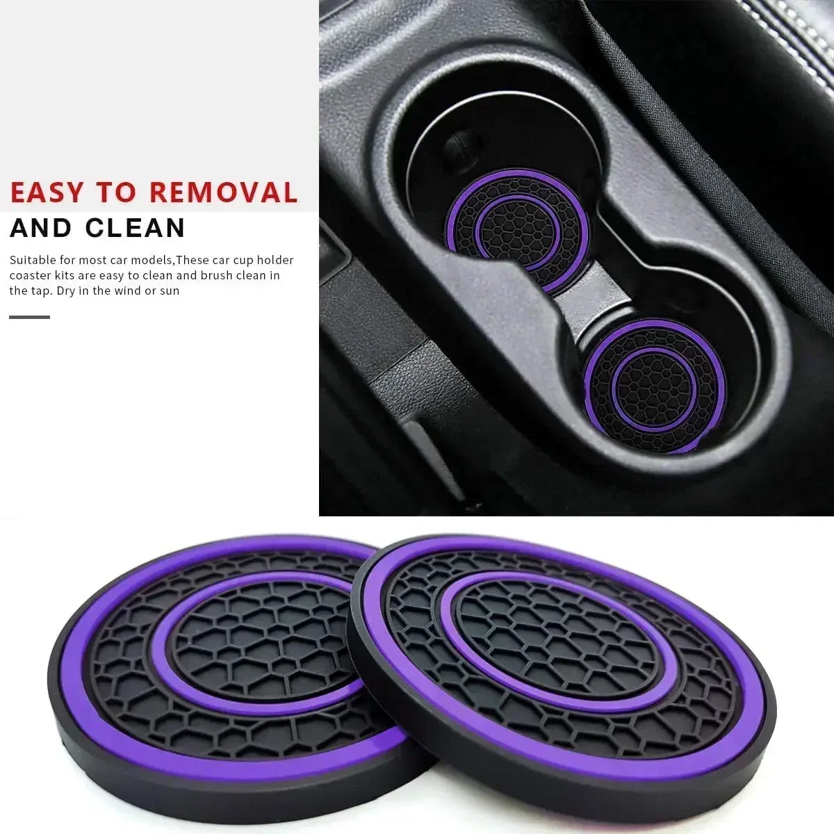 A set of two black silicone car cup holder coasters with purple accents shown next to a car interior component.