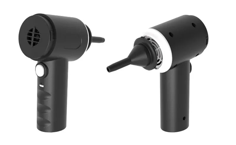 A black high-power wireless car vacuum cleaner with a white nozzle and power button.