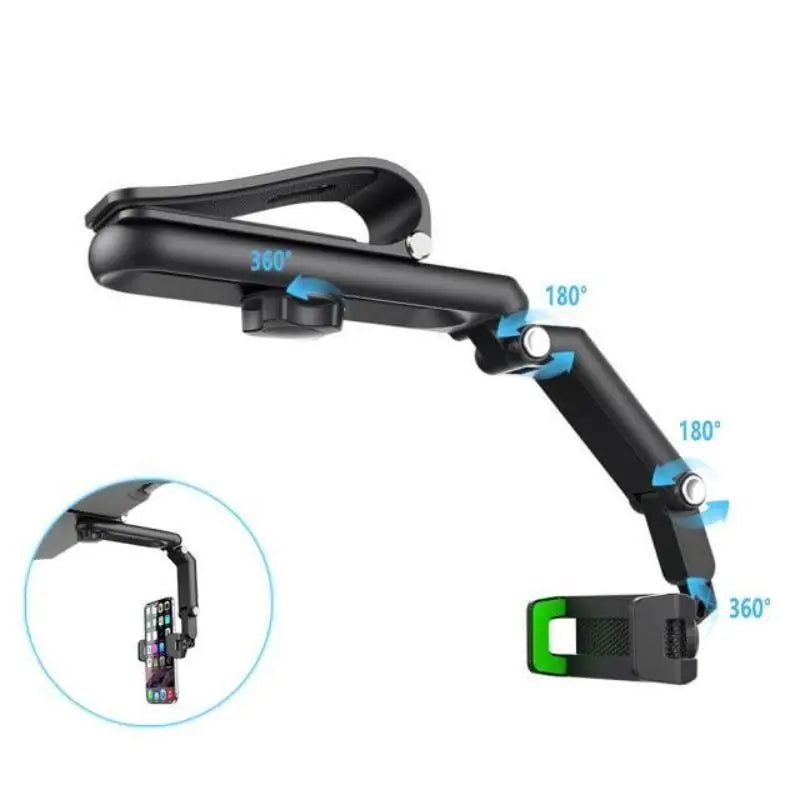 Black 360 degree rotating phone mount designed for car sun visors.