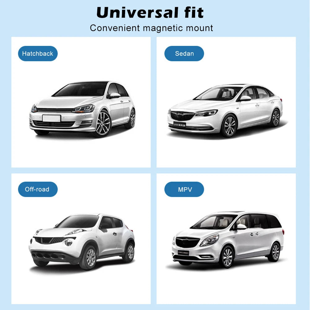Universal fit magnetic mount for car window shades with built-in mosquito net on various vehicle types.