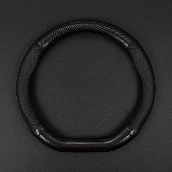 A black universal carbon fiber steering wheel cover shown in a circular view.