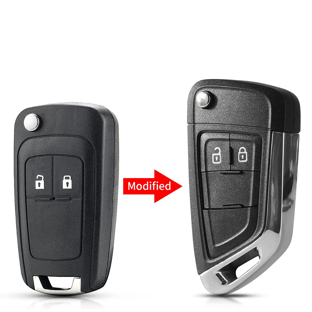 A black replacement flip key shell case for Chevrolet, Buick, Vauxhall, and Opel models shown in two views.