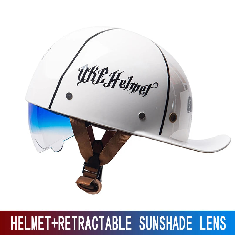 White half helmet with a retractable sunglass lens attached, featuring black script lettering.