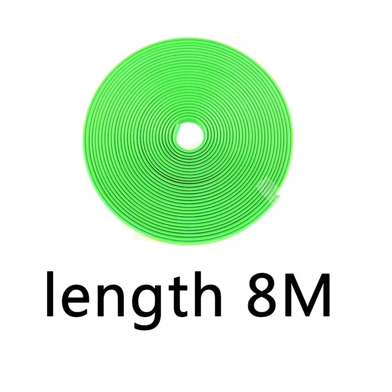 A roll of bright green universal car rim protector strip with a central hole.