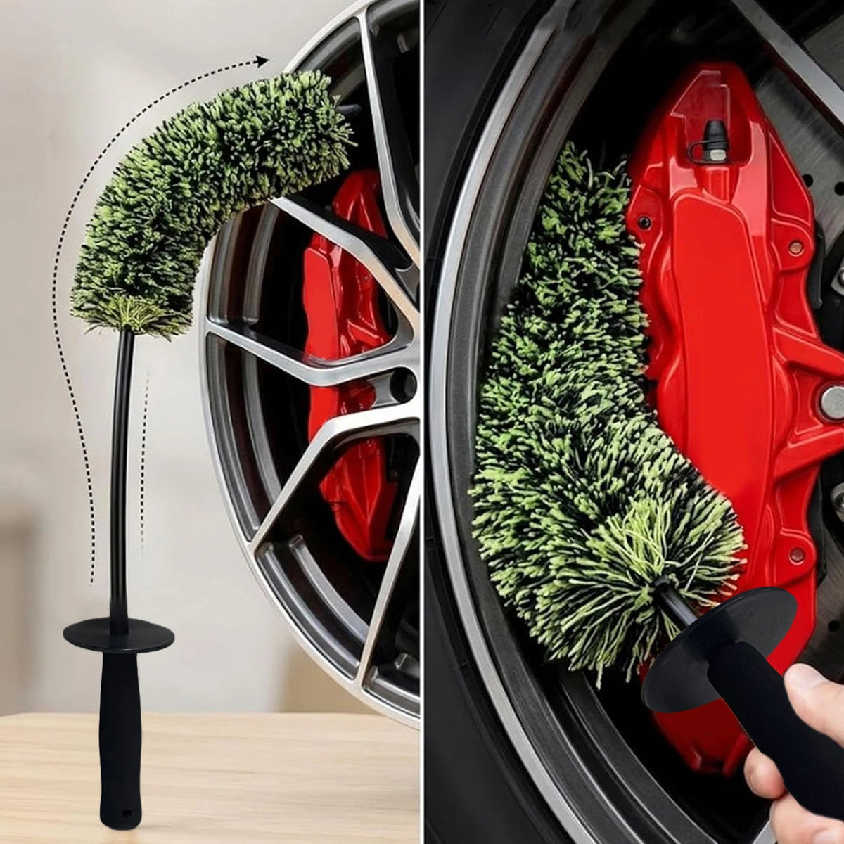 A heavy-duty wheel barrel brush with a green bristled head is shown inside a car wheel for automotive detailing.