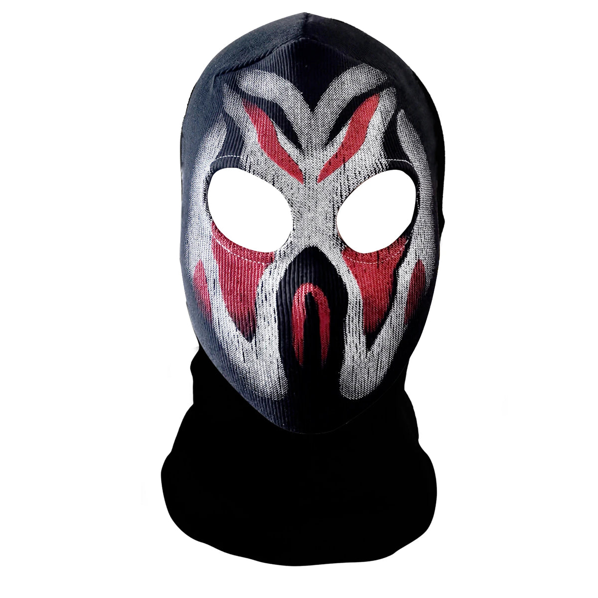 Una máscara balaclava negra con un diseño estilizado de cara blanca y roja.