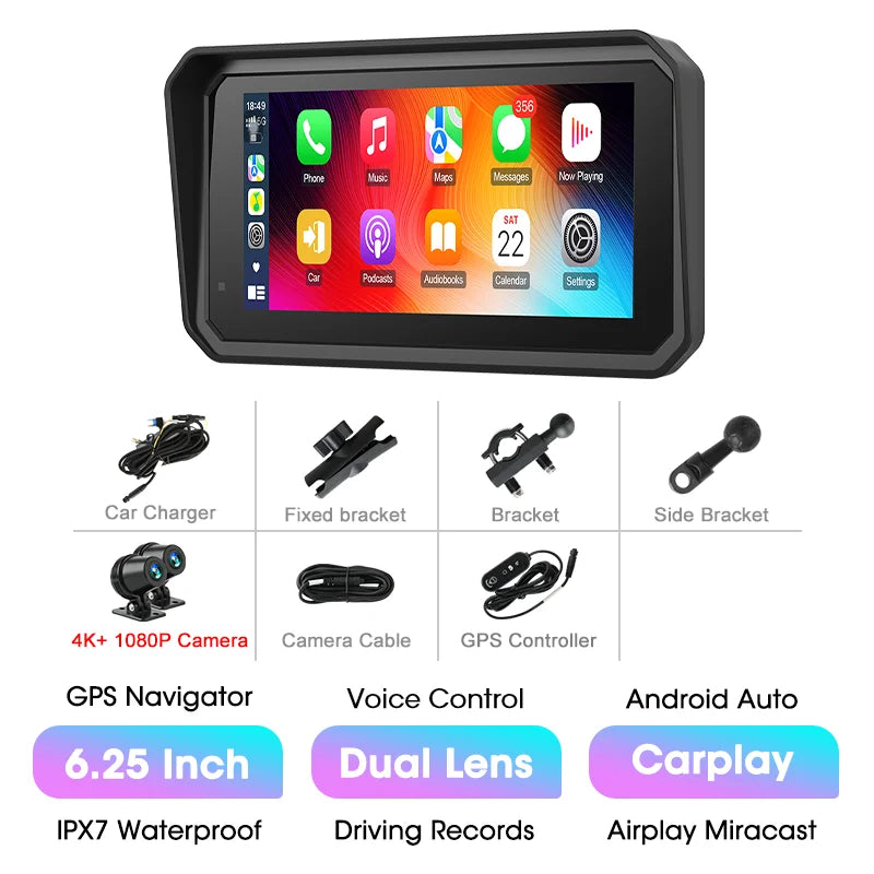 Écran de navigation GPS d'un enregistreur DVR de moto noir avec écran tactile montrant diverses options de véhicule et de nav