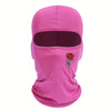 A bright pink balaclava hat with a maroon face opening and a small red rose embroidery on the side.