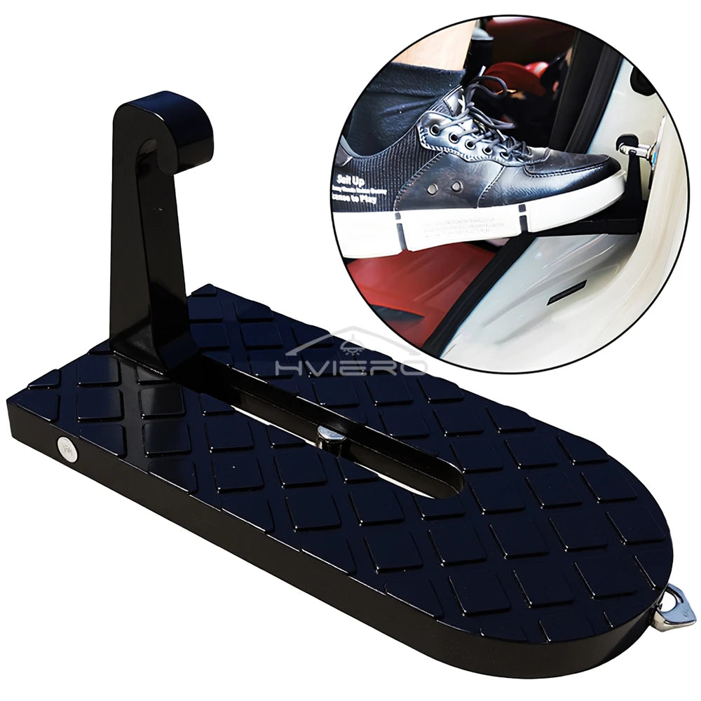 A black multi-functional car roof access step and hook with a detailed inset showing its use.