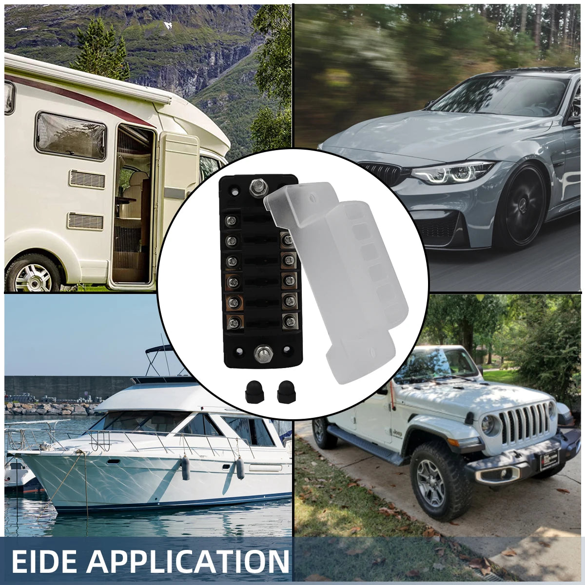 A multi-way blade fuse box for automotive and marine systems shown alongside a modern car, a boat, and a Jeep.