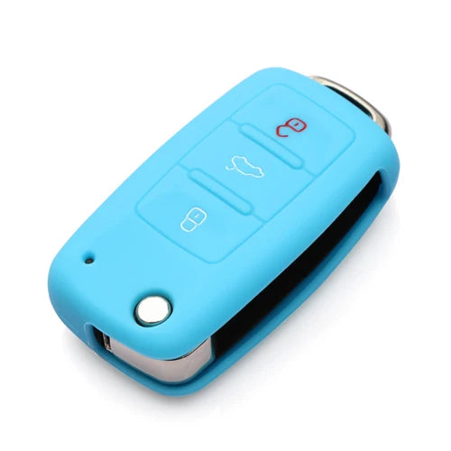 A light blue silicone car key cover for Volkswagen models, shown open and closed.