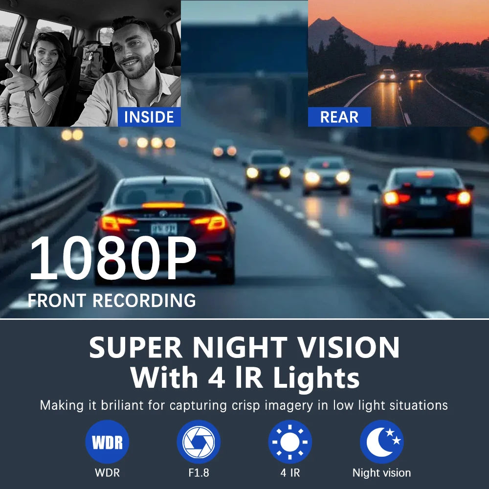 كاميرا داش بدقة 1080P تسجل مشهدًا ليليًا بأربع أضواء تحت حمراء، تعرض مناظر أمامية وخلفية.