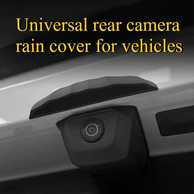 A black universal rear camera rain cover installed on a vehicle's exterior body panel.