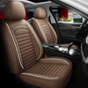 Brown universal PU leather car seat cushions shown inside a car cabin.
