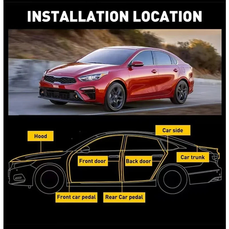 Diagram showing the installation locations for car door soundproofing seals, including hood, front and back doors, and pedals