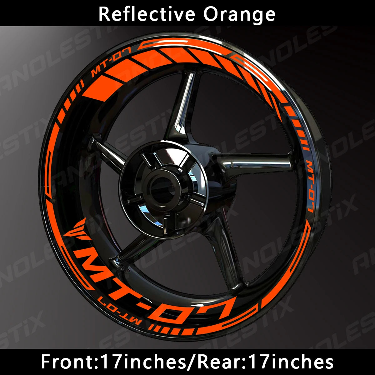 Reflective orange motorcycle wheel decals for Yamaha MT-07 featuring black and silver spoke design.
