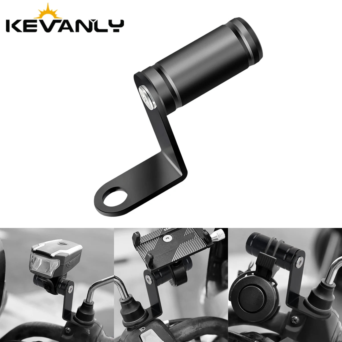 A black universal phone holder clamp designed for mounting on motorcycles and bicycles.