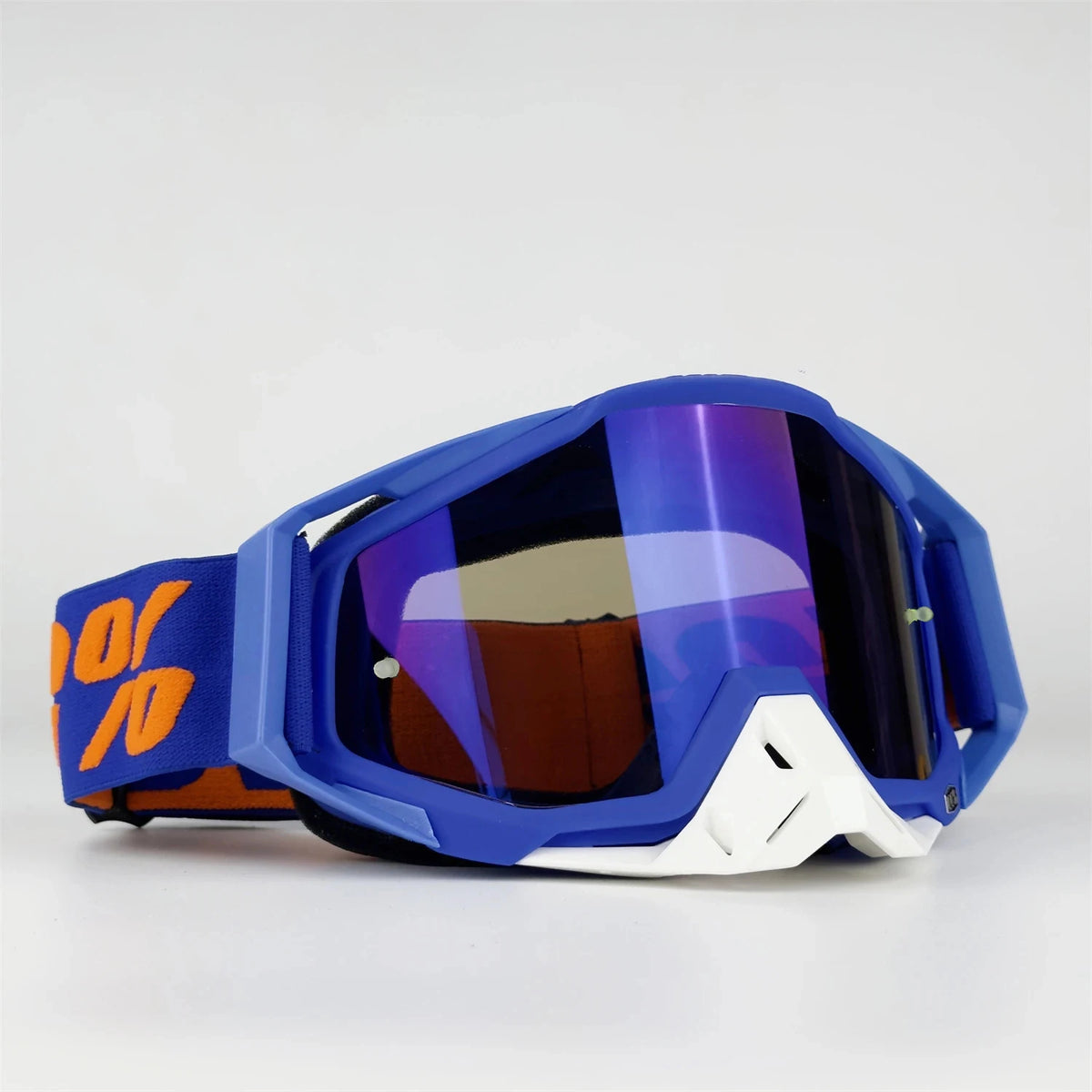 Blue and orange all-weather off-road motorcycle riding goggles with a white frame
