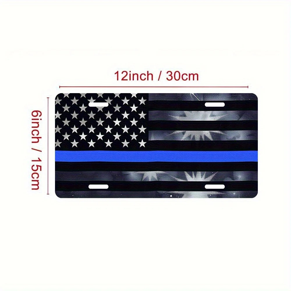 A black and gray decorative aluminum flag sign featuring the American flag design with a blue stripe.