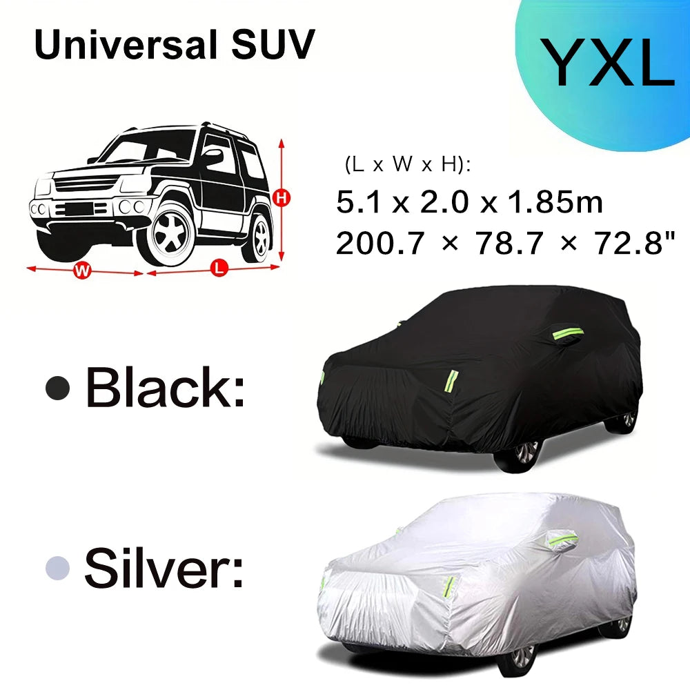 A black and silver universal SUV car cover shown in side view.
