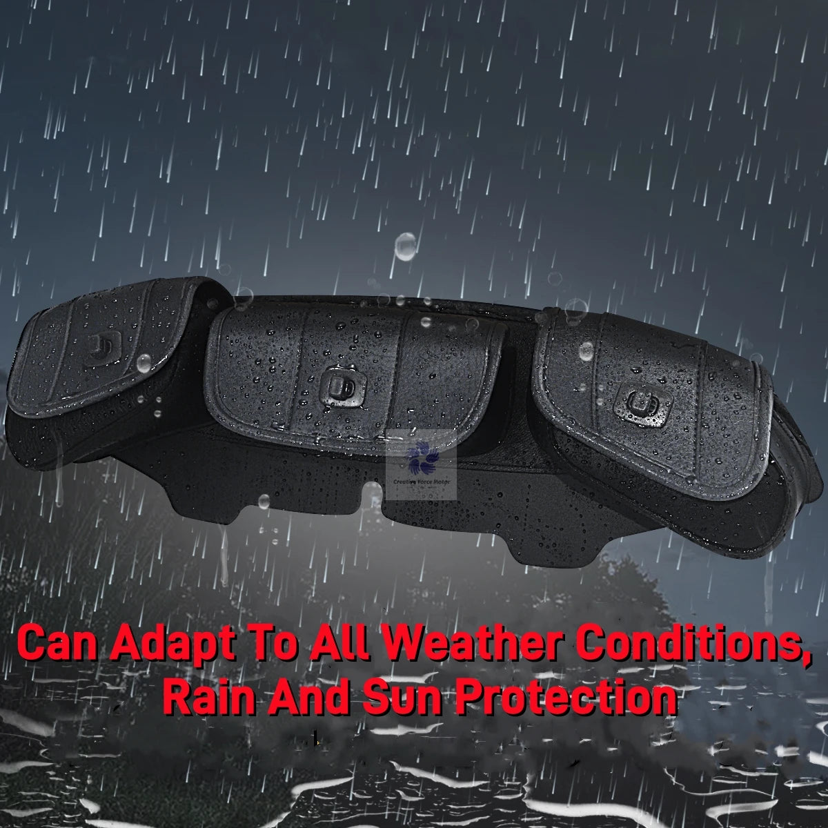 Black motorcycle windshield fairing storage bag designed for rain and sun protection