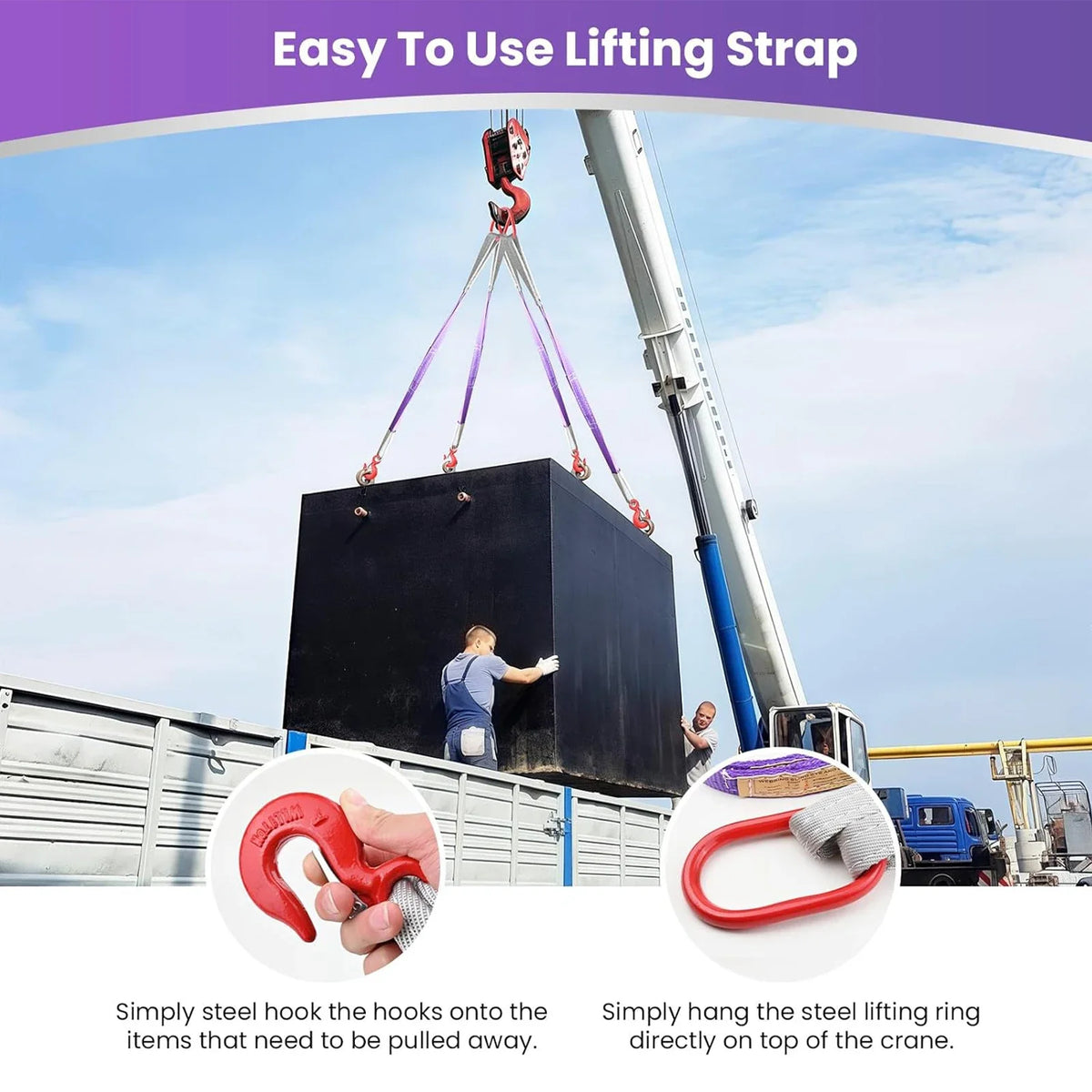 A heavy duty lifting strap is shown being used to lift a large black box from a crane.