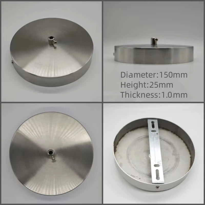 A modern stainless steel pendant lamp shown in two views, detailing its diameter, height, and thickness.