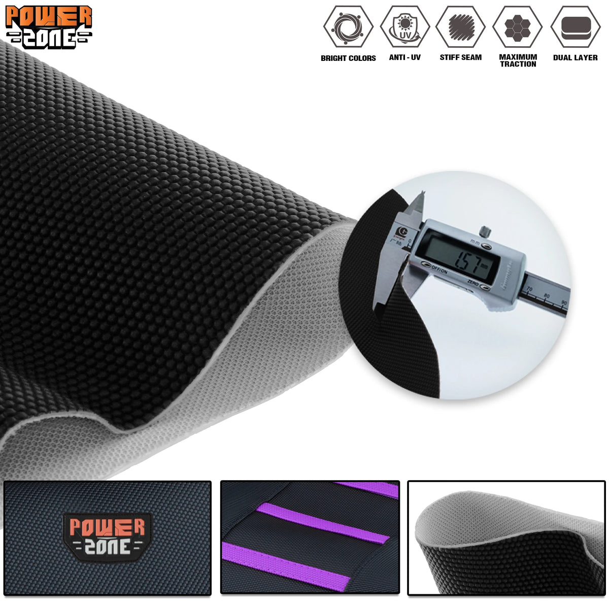 A black and gray ribbed motorcycle seat cover with a digital gauge display.