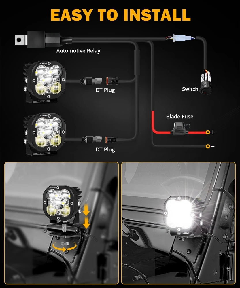 Diagram showing the installation of an automotive relay, DT plug, and blade fuse for powerful LED off-road driving lights.