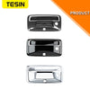Three views of a black and chrome tailgate handle trim cover for Chevrolet Colorado, Silverado, GMC Sierra, and Canyon.
