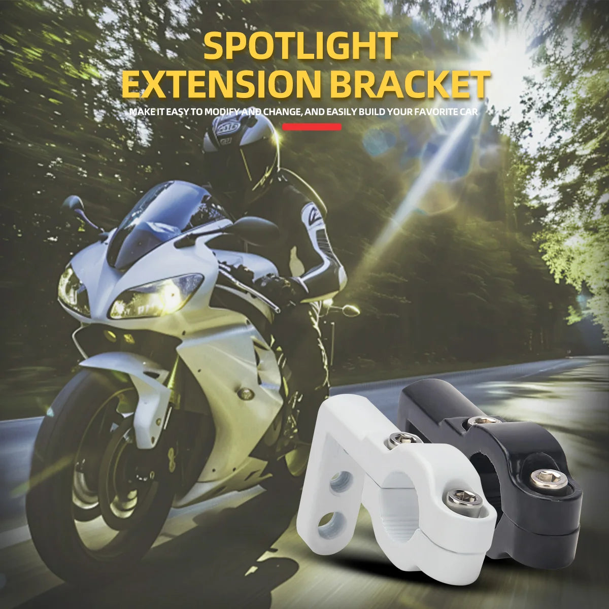 A white motorcycle is shown with spotlight extension brackets placed on the ground.