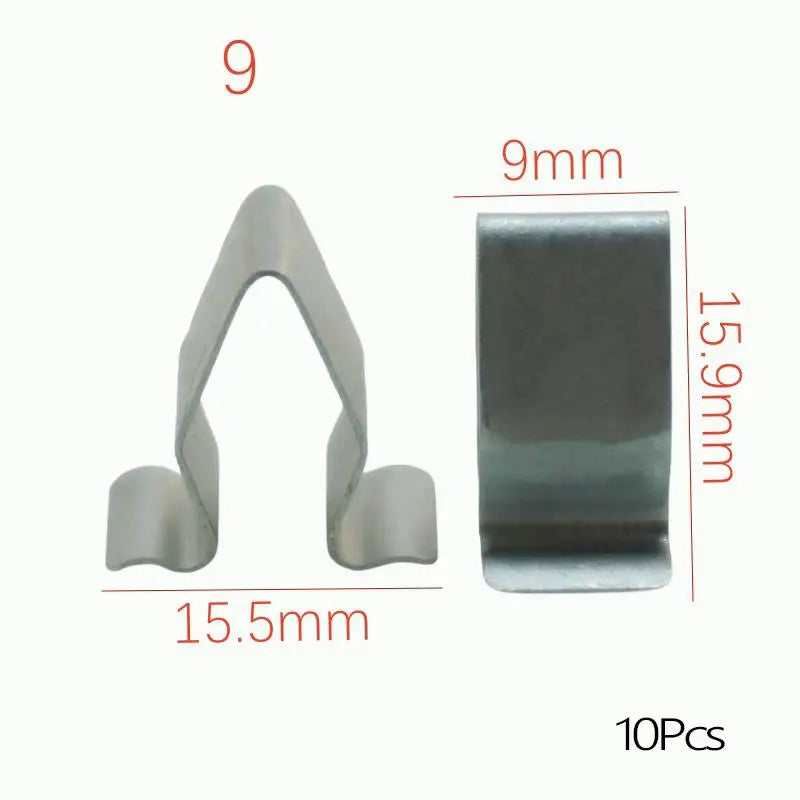 A set of nine metal dashboard retainer clips, measuring 9mm in width and 15.5mm in length.