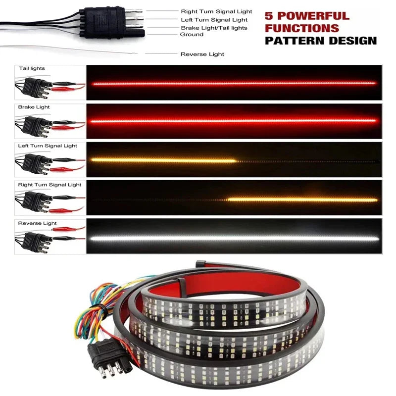 A flexible LED light bar featuring multiple functions including tail lights, brake lights, turn signals, and reverse lights.
