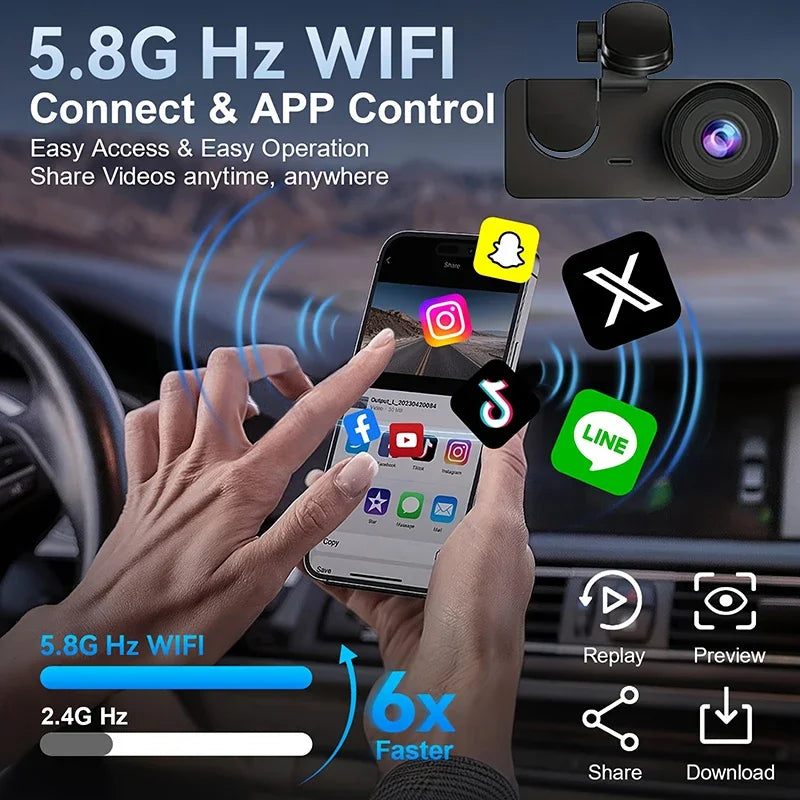 Une main tient un smartphone montrant la connectivité Wi-Fi 5.8G pour une caméra embarquée, affichant diverses icônes d'appli