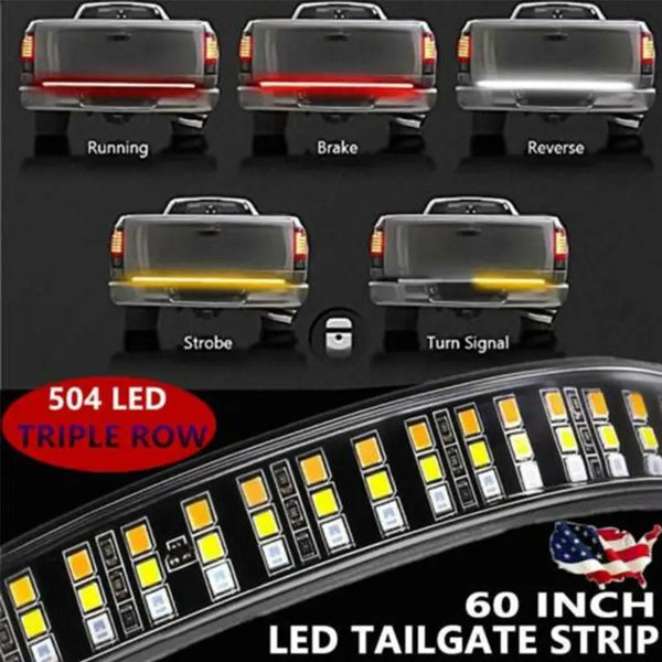 60 inch triple row LED tailgate strip featuring running brake reverse strobe and turn signal lights