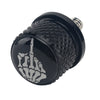 Black aftermarket motorcycle seat and fender bolts with a textured surface and a handprint design.