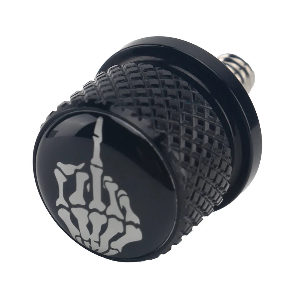 Black aftermarket motorcycle seat and fender bolts with a textured surface and a handprint design.