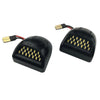 A black LED license plate light assembly with a connector cable and a bright yellow light array.