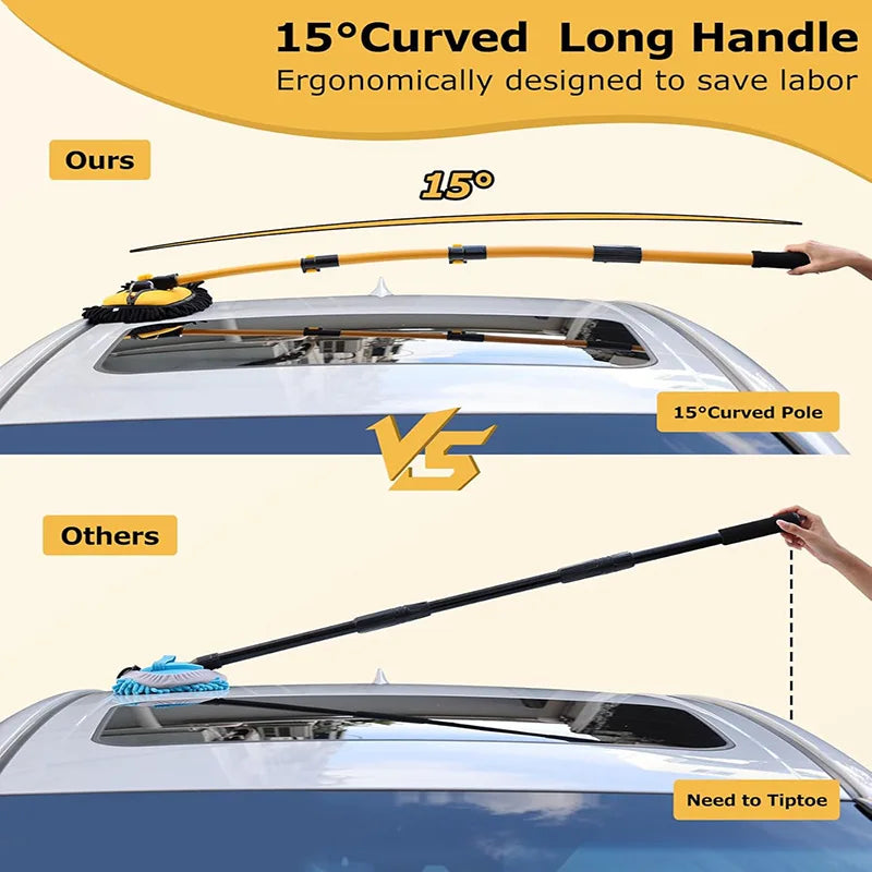 Comparison of a 15 degree curved long handle tool for car washing, showing its design versus another product.