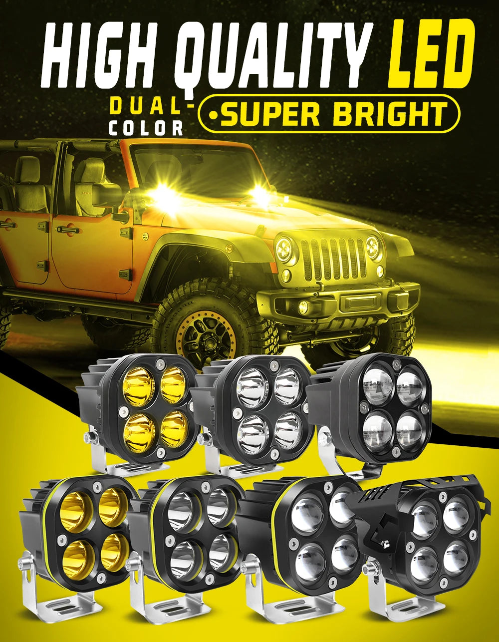 Gelber Jeep mit hochwertigen, leuchtstarken Dual-Color-LED-Licht und mehreren separaten LED-Arbeitsleuchten