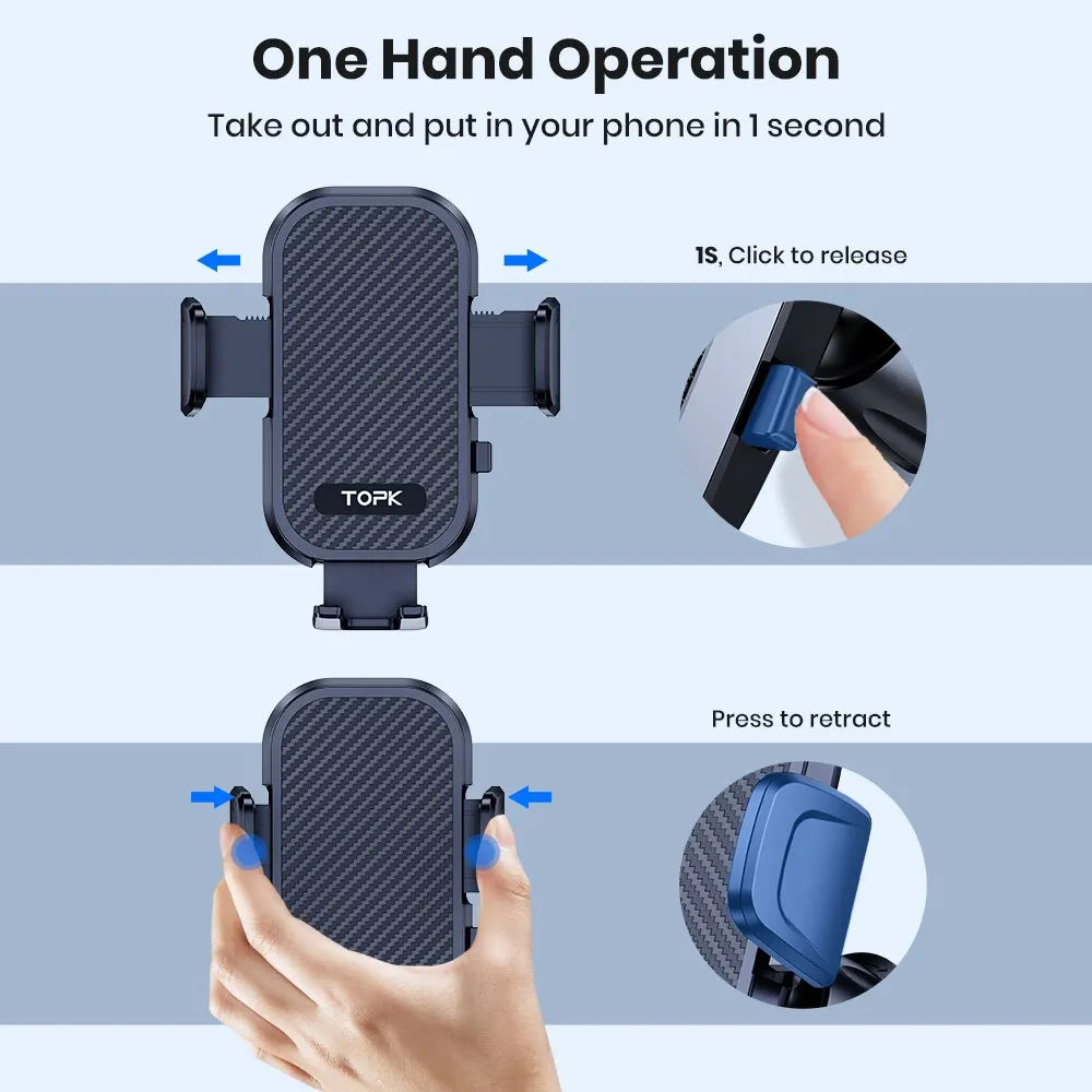 A black one-hand operation phone mount is shown being used to take out and put in a phone quickly.