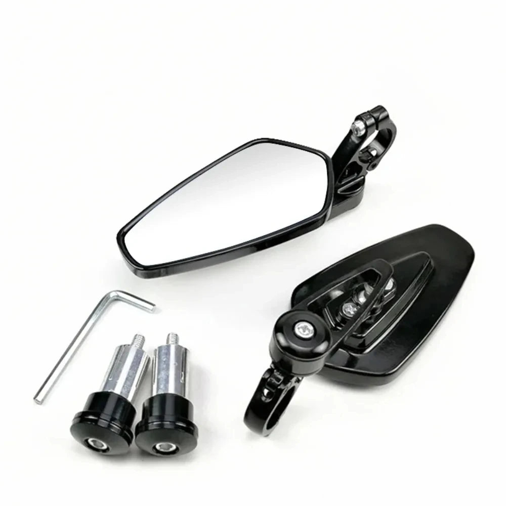 A set of black universal motorcycle rearview mirrors with adjustable mounting brackets.