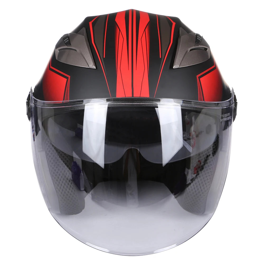 A black and red motorcycle helmet with a clear visor shown from the front.