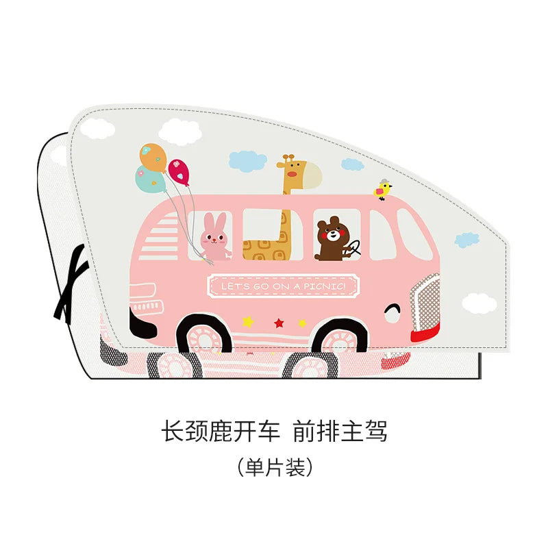 Pink car window shades featuring cute animal characters and a picnic theme
