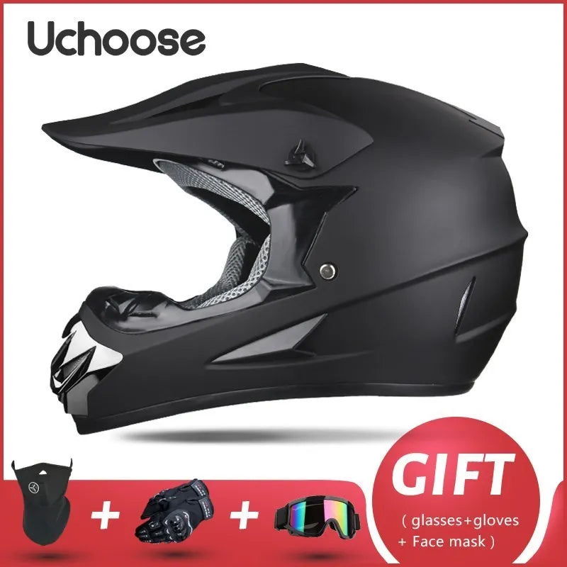 Casque de moto tout-terrain noir Uchoose avec accessoires comme lunettes et gants
