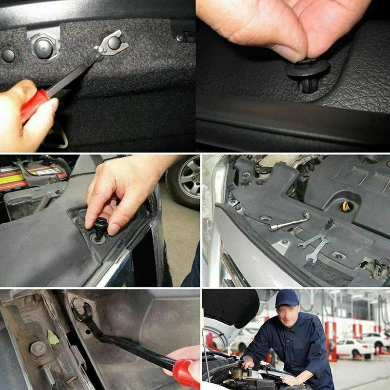 Gros plans de mains utilisant des outils pour retirer ou installer des clips en plastique sur un panneau de carrosserie.