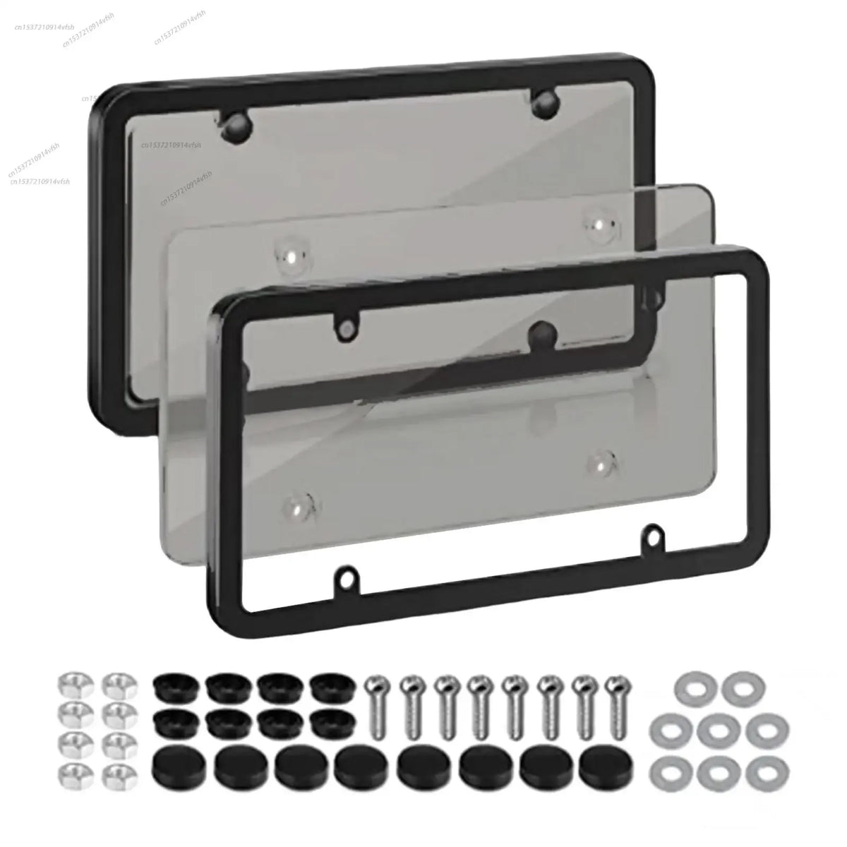 A set of license plate protectors for US and Canada vehicles, including a clear plate cover and various mounting hardware.