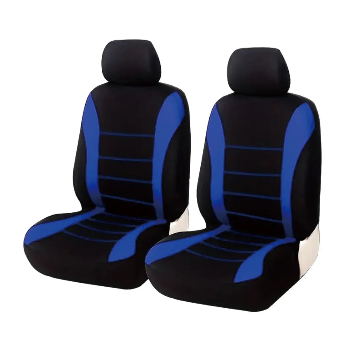 A pair of black seat and cushion covers with blue accents shown from the back.