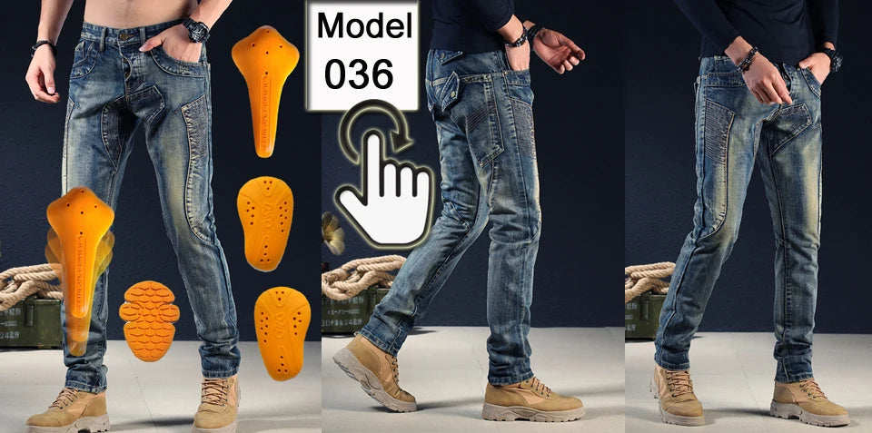 A person wearing denim jeans demonstrates the fit of a heavy-duty motorcycle protective cover, shown in orange and yellow col