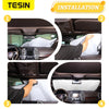 Four steps showing the installation of a aluminum foil windshield sunshade in a vehicle interior.